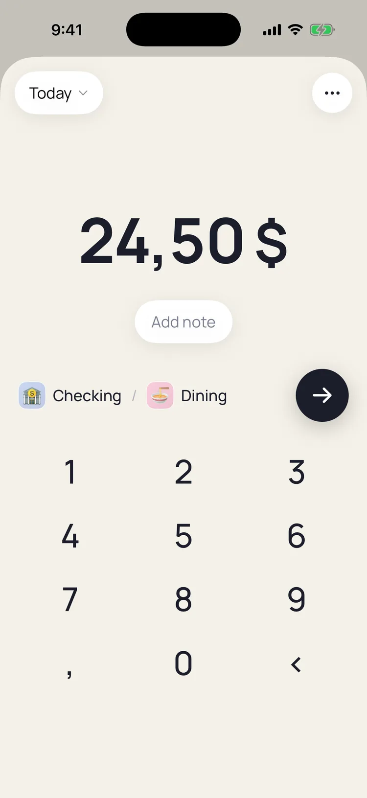 कीपैड एंट्री: कीपैड पर 24,50 $ टाइप किए गए, Dining टैग चिप चुनी गई और आज की तारीख की पिल